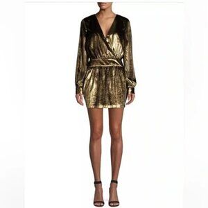 NWT FRAME Metallic Gold Lame' Velvet Long-Sleeve V-Neck Mini Dress 8 MSRP $595